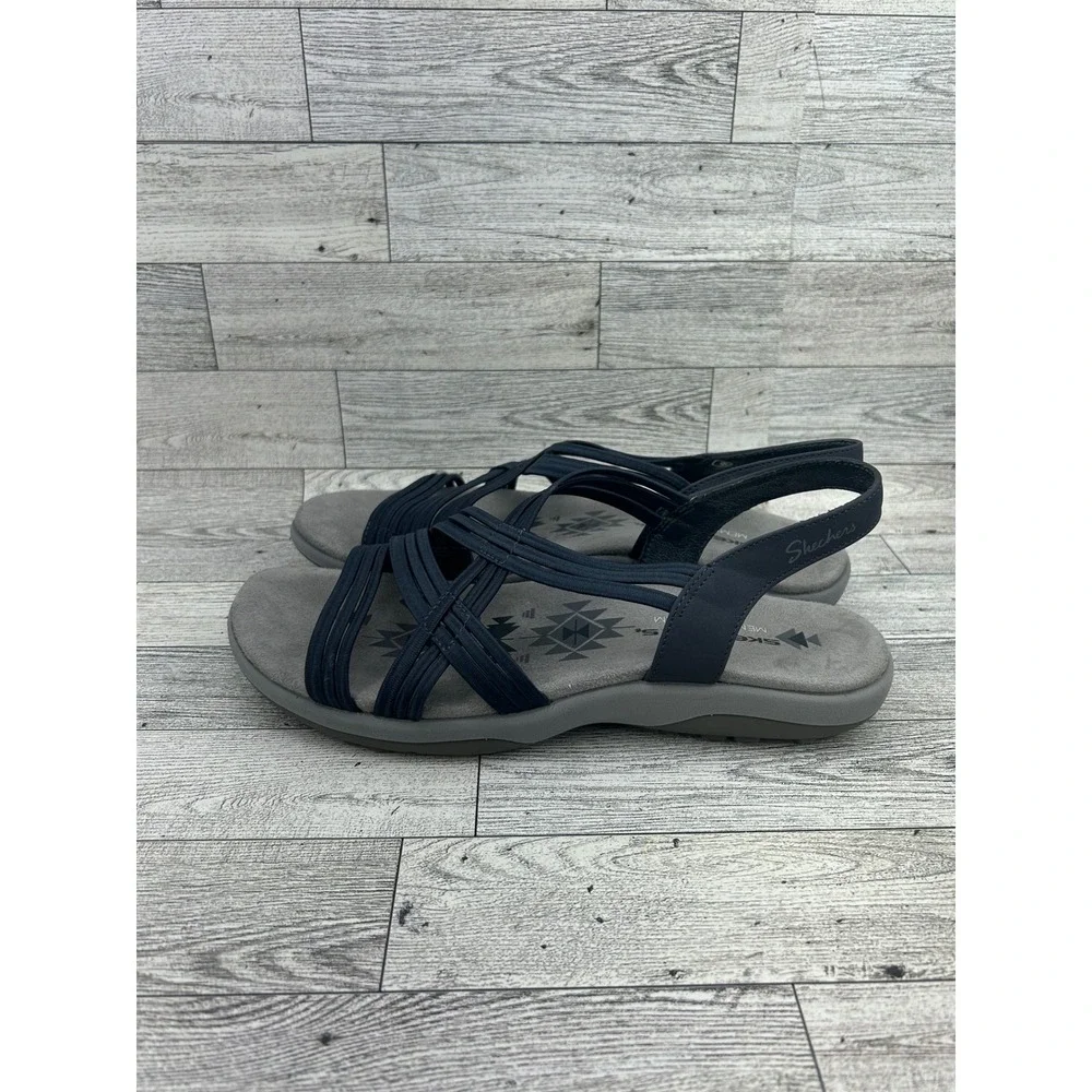 Skechers Reggae Slim Vacay Navy Blue Strappy Memory Foam Sandals Women Sz 8